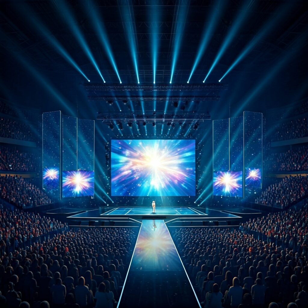 Large indoor concert venue packed with audience, blue-stage lighting and multiple video screens around the stage.
