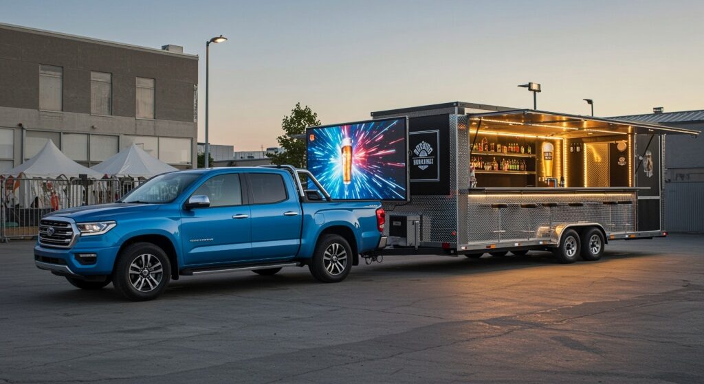 Blue pickup truck towing a diamond-plate beer trailer with a large digital screen at the side and warm lights inside, in a parking lot.