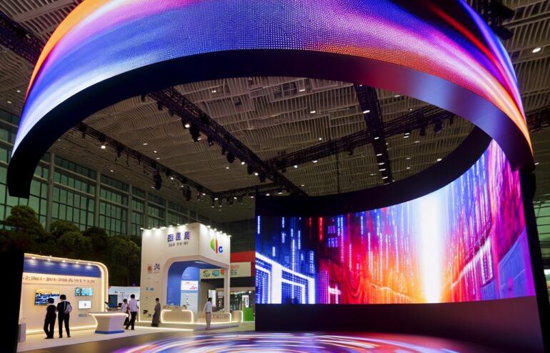 Circular illuminated ring structure with a rainbow LED display above a swirling colorful floor at a tech expo hall.