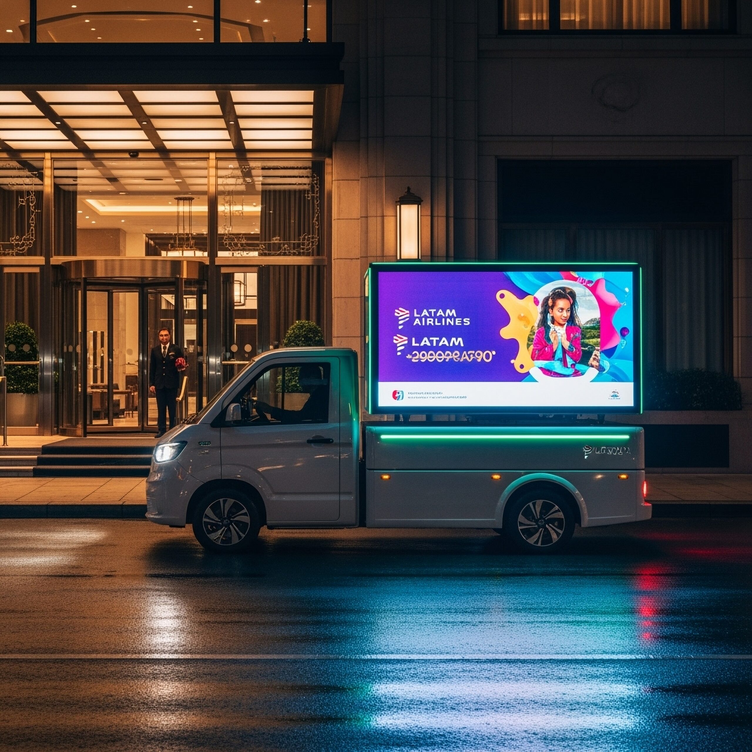 Nighttime urban storefront with glass doors, a suited doorman, and a teal delivery van beside a bright digital billboard.