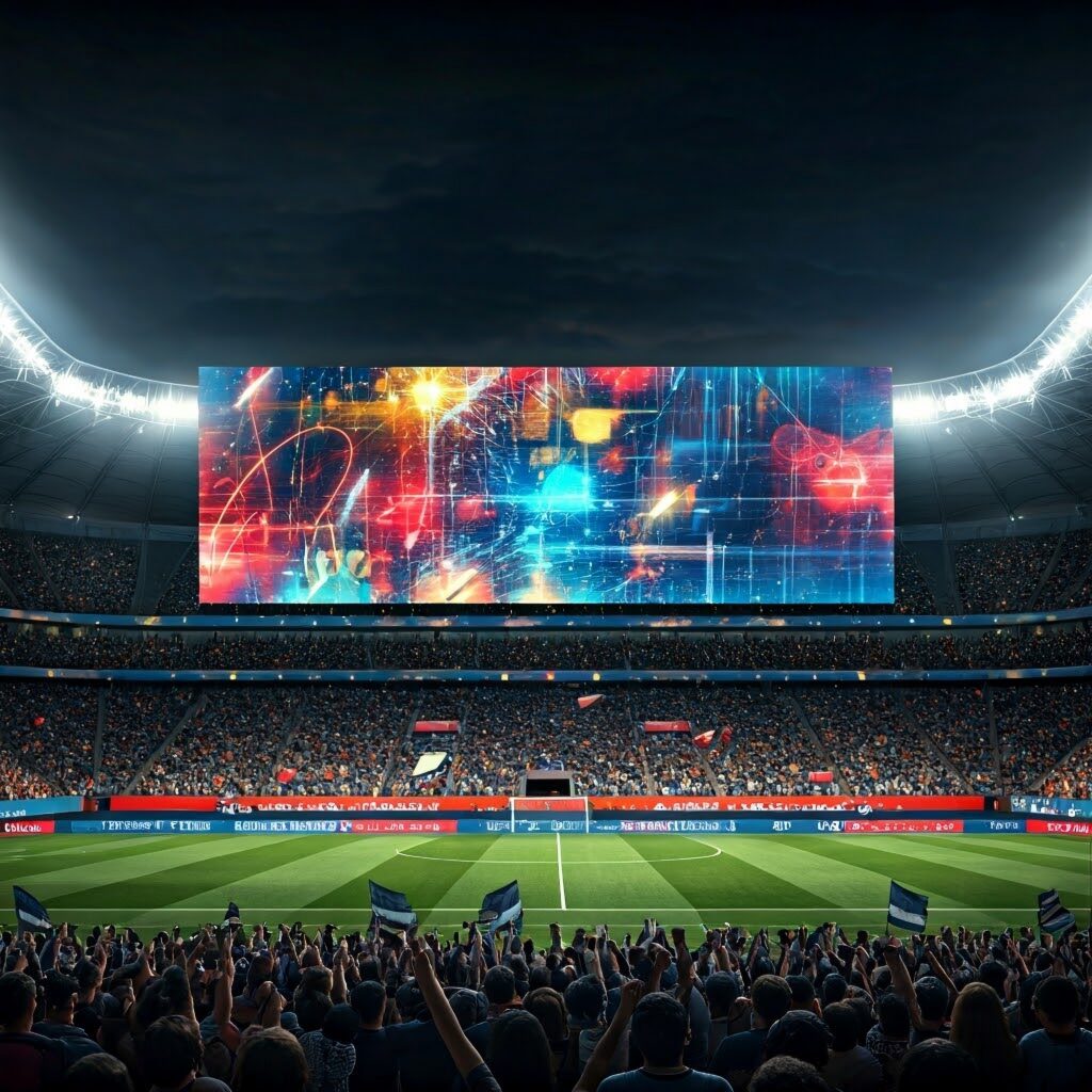 Crowd of spectators in a packed stadium, waving flags, with a large colorful video screen above the pitch.