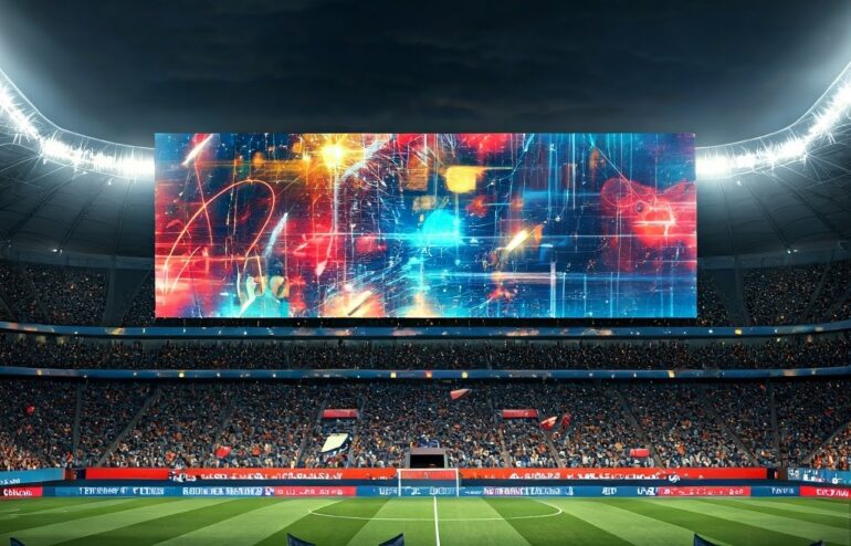 Crowd of spectators in a packed stadium, waving flags, with a large colorful video screen above the pitch.